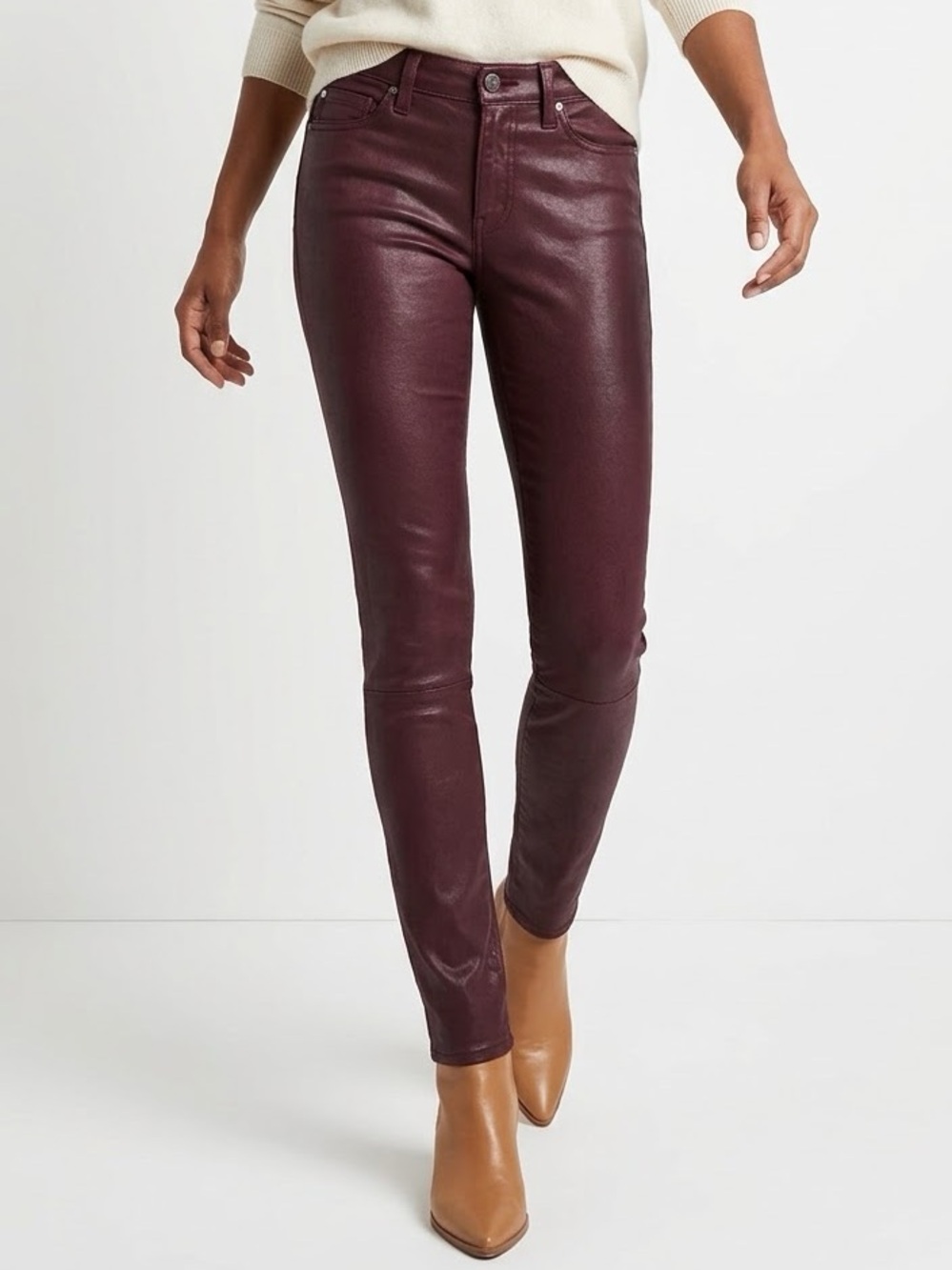 7 For All Mankind Coated Skinny Pants Burgundy Leather Look Maroon Sz 24 Slim